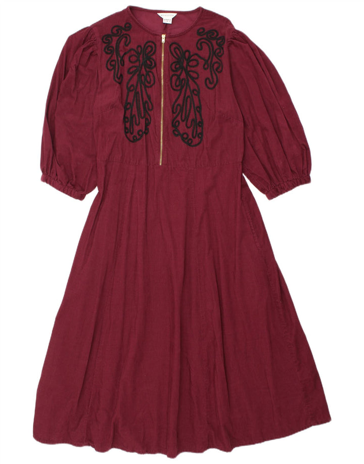 MONSOON Robe trapèze en velours côtelé à manches 3/4 pour femme UK 12 Bordeaux moyen