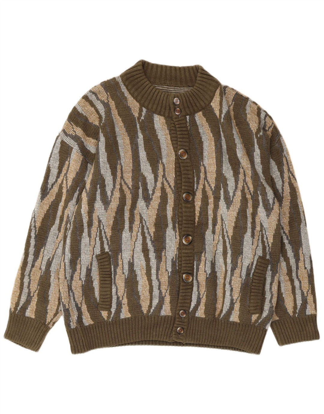 vintage Mens Cardigan Sweater Grand Kaki Rayé Acrylique