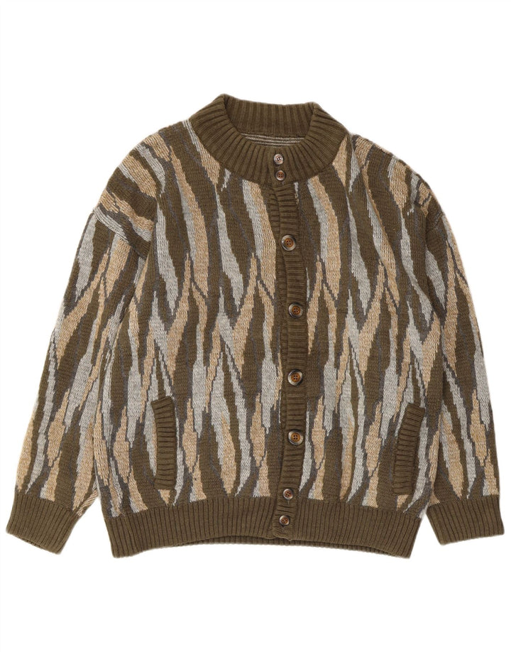 vintage Mens Cardigan Sweater Grand Kaki Rayé Acrylique
