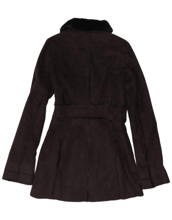 vintage Femmes Sherpa Overcoat UK 12 Moyen Noir