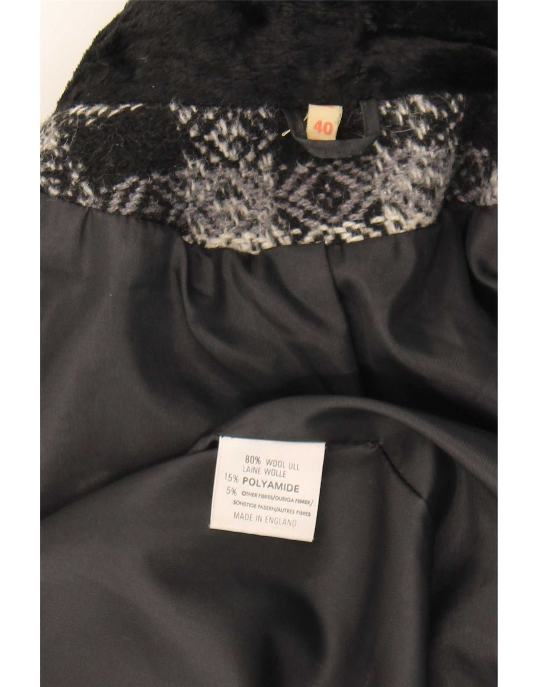 vintage Femmes Surdimensionné Double Breasted Manteau EU 40 Moyen Noir Géométrique
