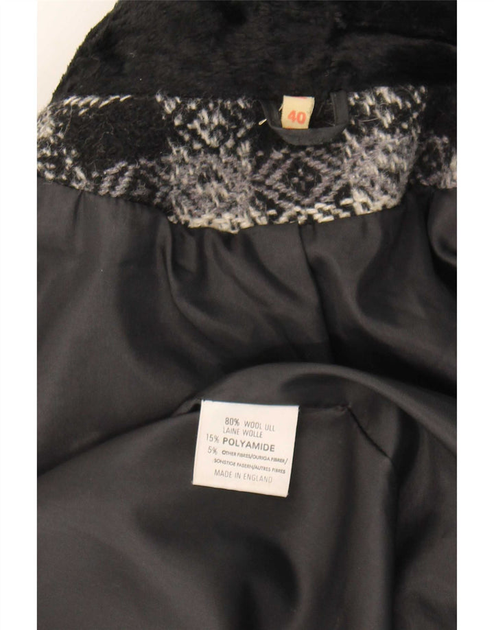 vintage Femmes Surdimensionné Double Breasted Manteau EU 40 Moyen Noir Géométrique
