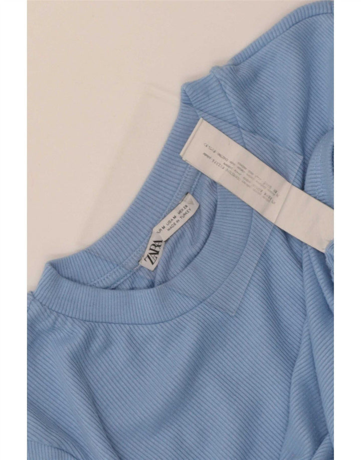 Zara Femme Crop Blouse Top UK 12 Bleu Moyen Polyester