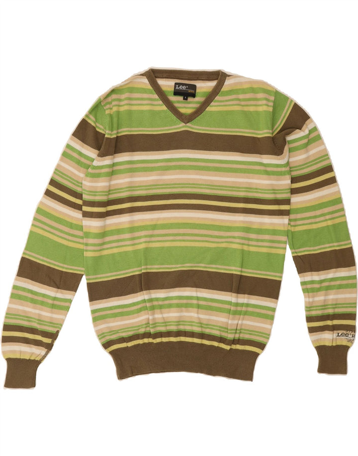 LEE Mens V-Neck Jumper Sweater Large Green Striped Cotton Vintage Lee and Second-Hand Lee from Messina Hembry 