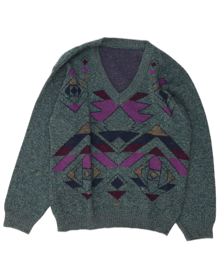 vintage Mens V-Col Jumper Pull Grand Vert Géométrique