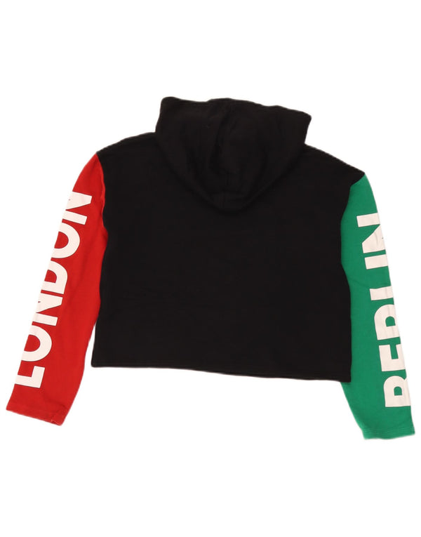 Benetton Pull à capuche court graphique pour fille 10-11 ans XL Noir Colorblock