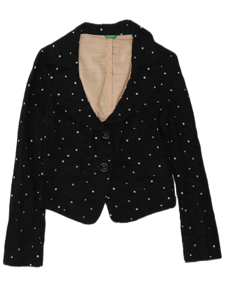 Benetton Veste blazer courte à 2 boutons pour femme IT 42 Noir moyen tacheté