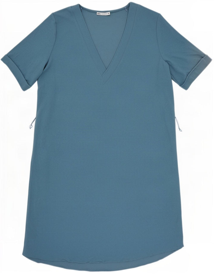 Zara Robe droite à manches courtes pour femme UK 14 Bleu moyen Polyester