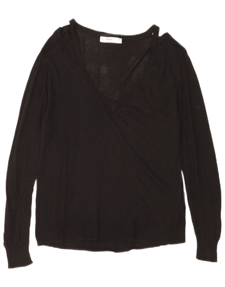 Zara Pull col V pour femme UK 44 Medium Noir Viscose