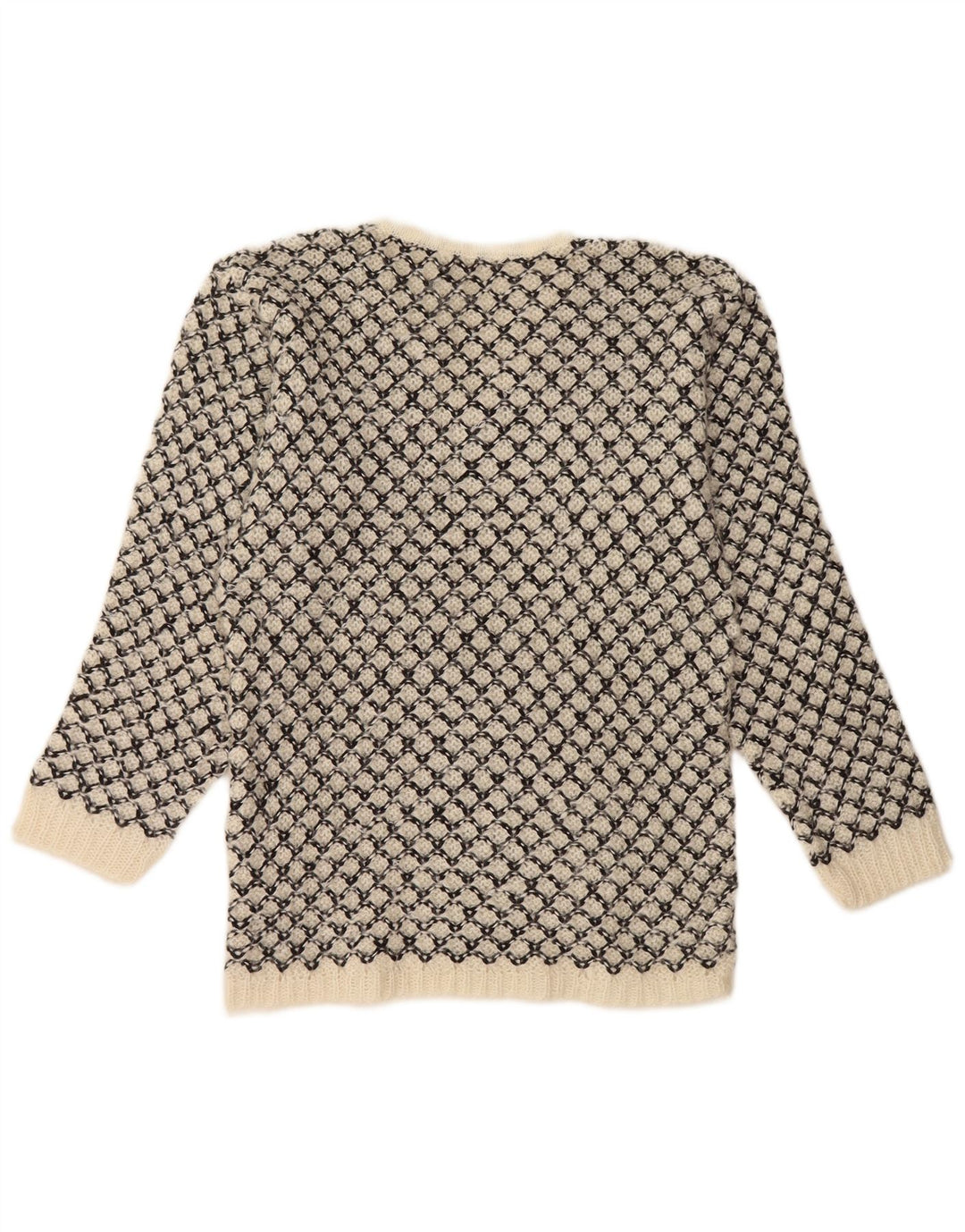 vintage Femmes V-Col Jumper Pull UK 14 Moyen Off White Géométrique