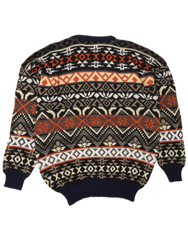 vintage Mens Crew Neck Jumper Pull Grand Bleu Marine Fair Isle Acrylique