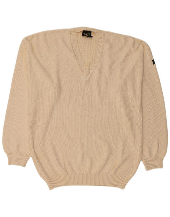VINTAGE Pull col V homme grand coton beige