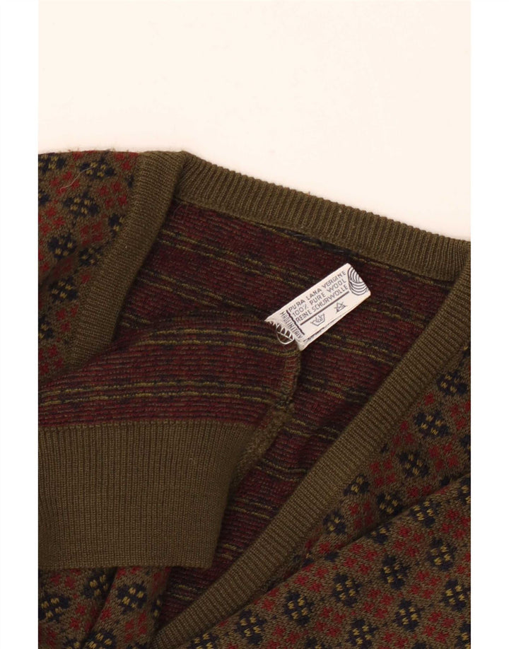 vintage Mens V-Col Jumper Pull Grande Laine Géométrique Kaki