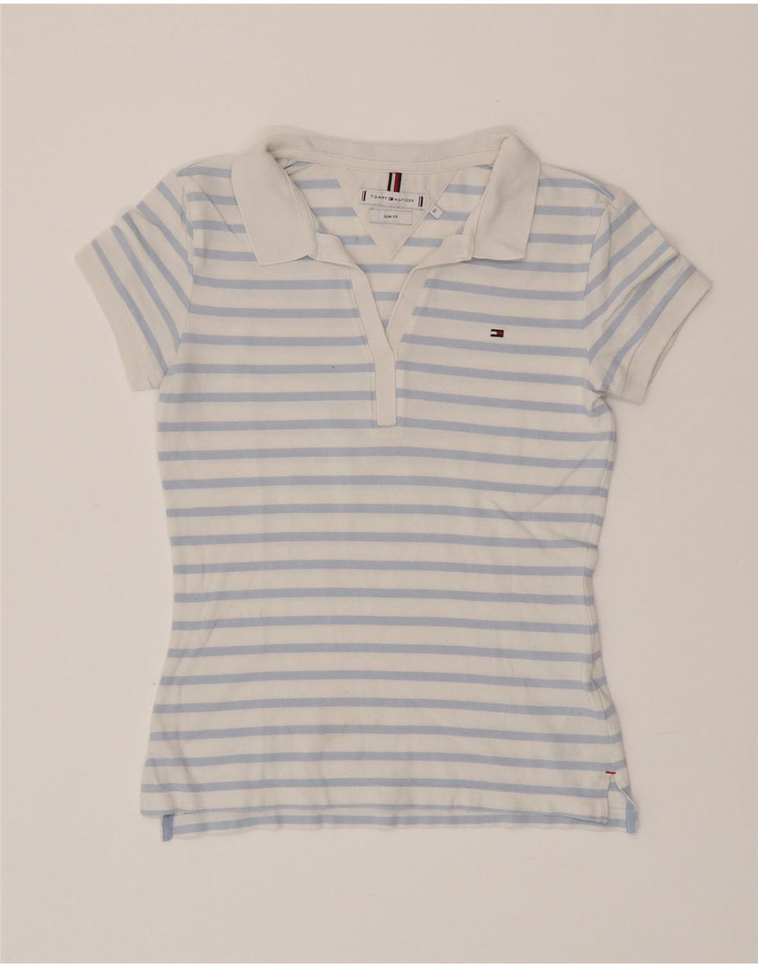 TOMMY HILFIGER Polo Slim Fit Femme UK 6 XS Bleu Rayé Coton