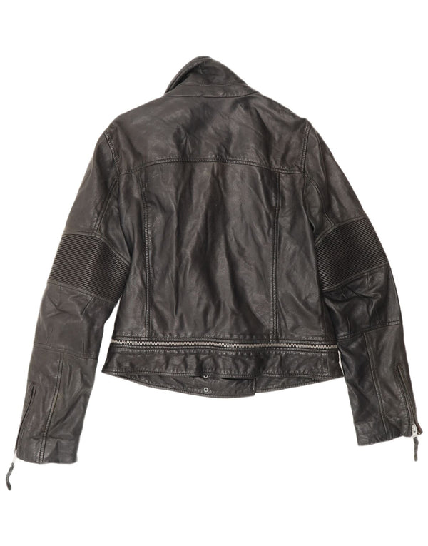 All Saints Veste de motard en cuir pour femme UK 14 Grand cuir noir