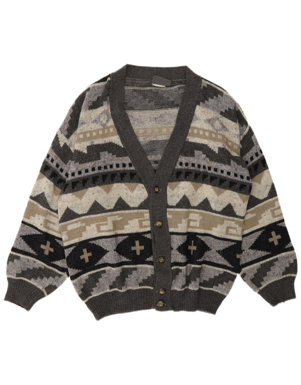VINTAGE Homme Cardigan Pull XL Gris Géométrique Acrylique