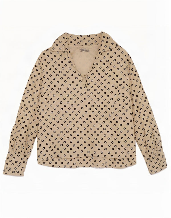 vintage Womens Crop 3/4 Sleeve Blouse Top UK 12 Beige Moyen Tacheté