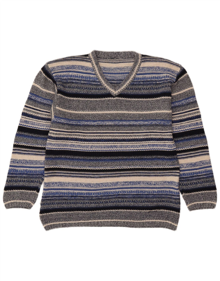 vintage Femme V-Col Jumper Pull UK 14 Moyen Multicolore Rayé