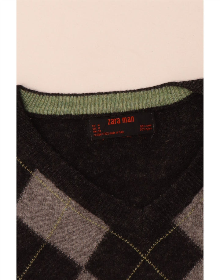ZARA Pull col V pour homme Gris moyen Argyle/Diamond Wool