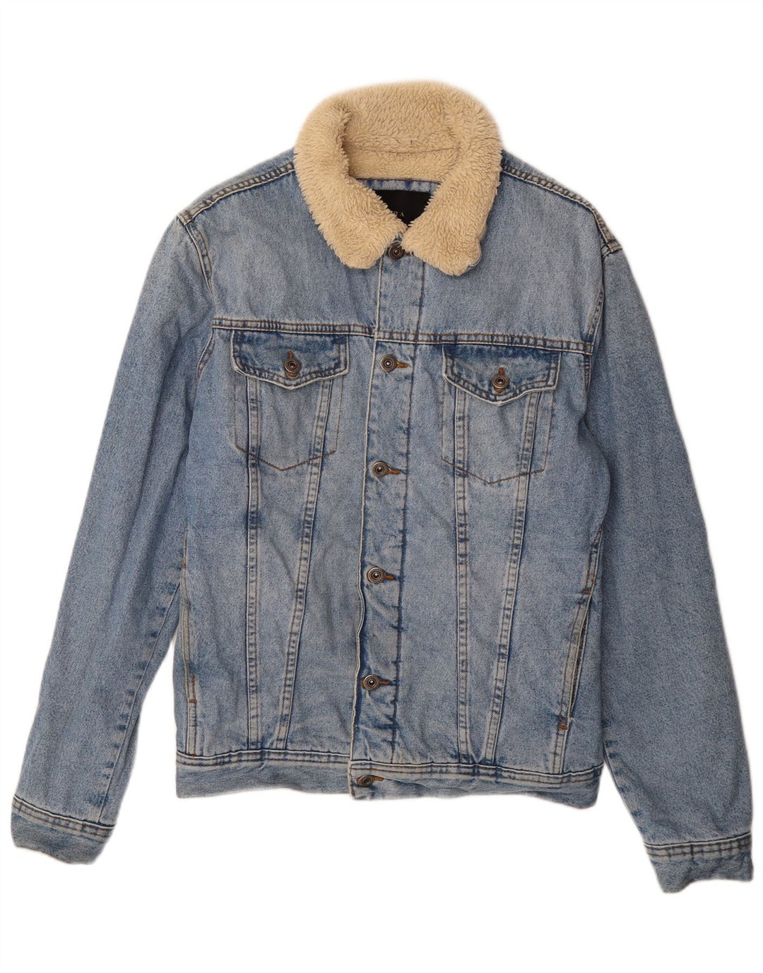 ZARA Mens Denim Sherpa Jacket UK 38 Medium Blue Cotton