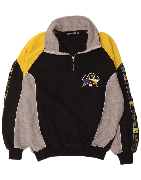 vintage Mens Graphic Zip Neck Sweatshirt Jumper XL Noir Colourblock Coton