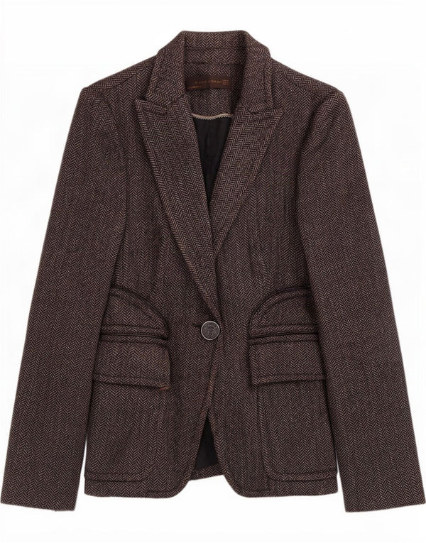 Zara Femme 1 Bouton Blazer Veste UK 8 Petit Gris Chevrons Polyester