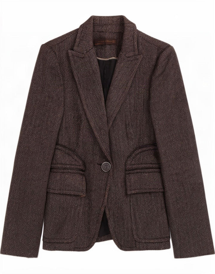 Zara Femme 1 Bouton Blazer Veste UK 8 Petit Gris Chevrons Polyester