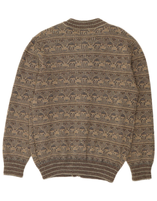 vintage Mens Cardigan Pull Moyen Gris Fair Isle Laine
