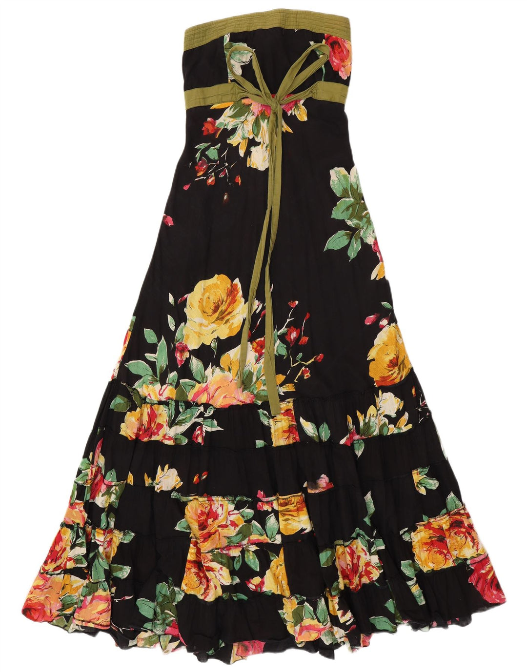 VINTAGE Femme Maxi Robe Bustier UK 14 Coton Floral Noir Moyen