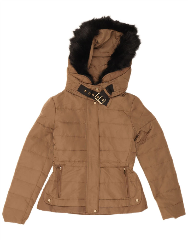 Zara Veste matelassée à capuche pour femme UK 10 Small Marron