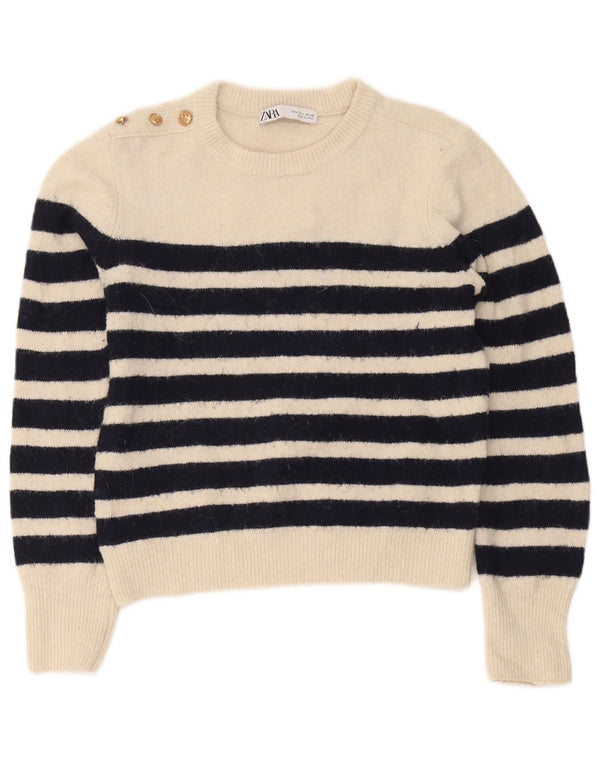 Zara Pull ras du cou pour femme UK 14 Large Blanc cassé rayé