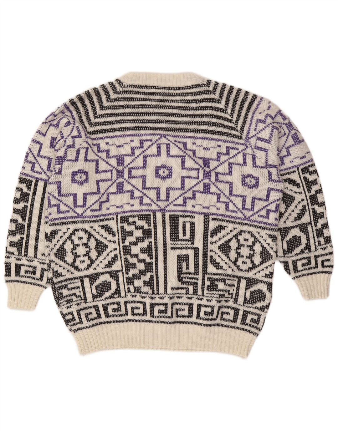vintage Mens Crew Neck Jumper Pull Grande laine géométrique blanche