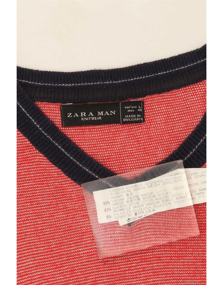 Zara Pull col V pour homme en viscose color block Rouge Large
