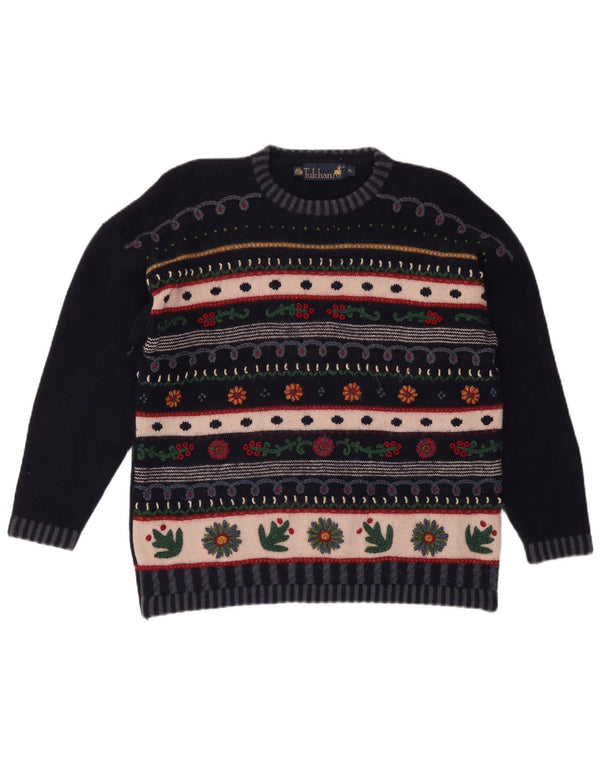 TULCHAN Pull à col rond pour femme UK 18 XL Bleu marine en laine Fair Isle