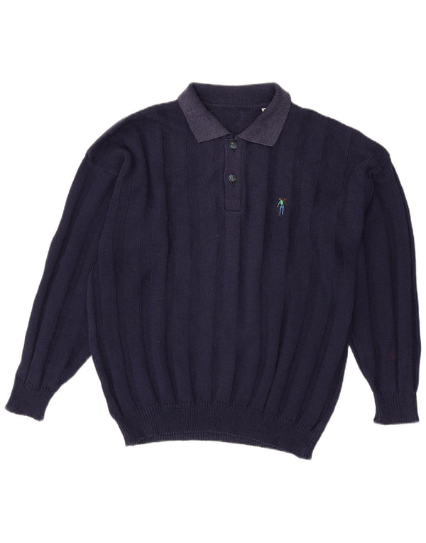 VINTAGE Homme Col Polo Pull XL Bleu Marine Coton