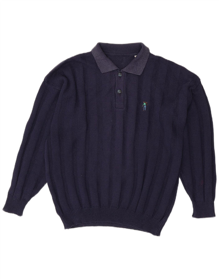 VINTAGE Homme Col Polo Pull XL Bleu Marine Coton