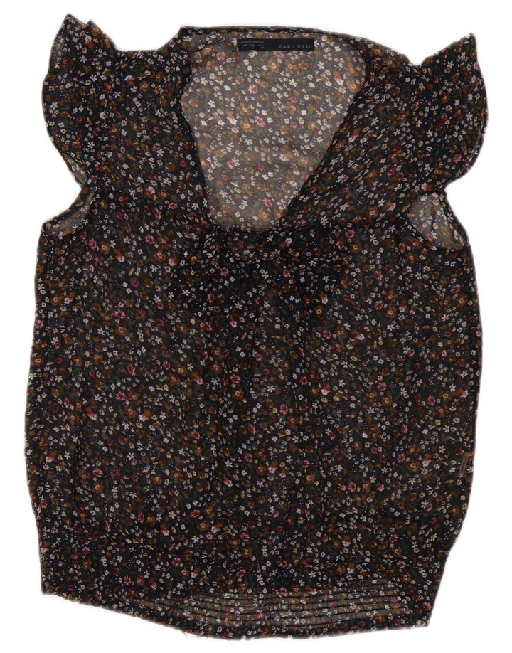ZARA Femmes Noeud Papillon Sans Manches Voir À Travers Top UK 10 Petit Noir Floral