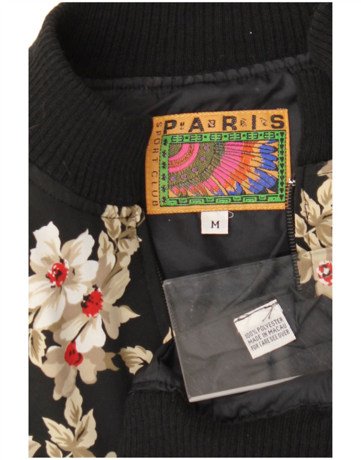 vintage Femme Loose Fit Bomber Jacket UK 14 Moyen Noir Floral Polyester
