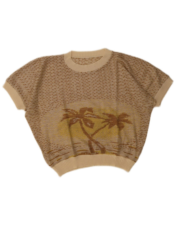 Vintage Womens Crop Graphic Boat Neck Jumper Sweater UK 14 Large Beige