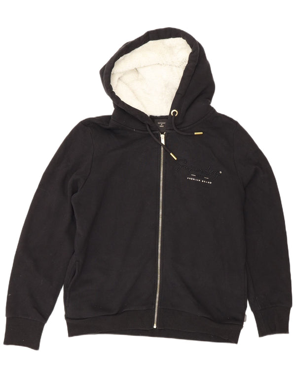 Superdry Womens Zip Hoodie Sweater UK 16 Large Black Cotton