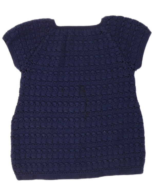 vintage Femme Tricot Blouse Top UK 12 Bleu Marine Moyen