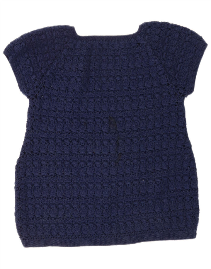 vintage Femme Tricot Blouse Top UK 12 Bleu Marine Moyen
