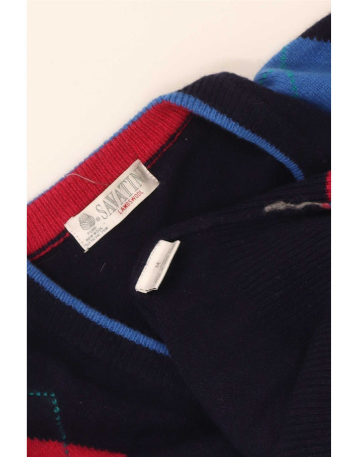 vintage Homme Col V Pull Pull Moyen Bleu Marine Argyle/Diamant
