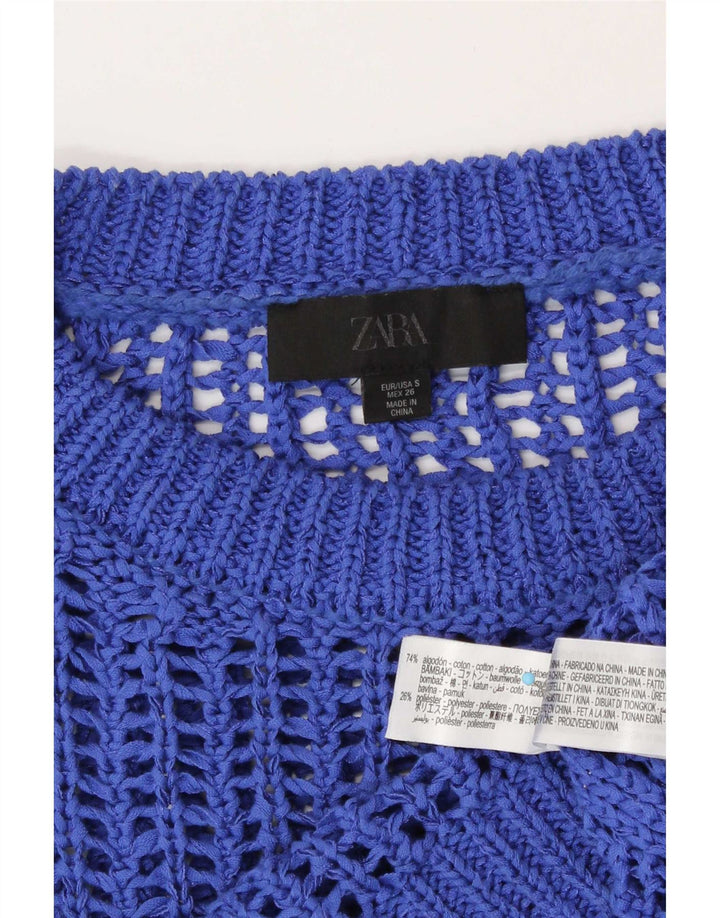Zara Womens Oversize See Through Knit Crop Top UK 10 Petit Bleu Coton