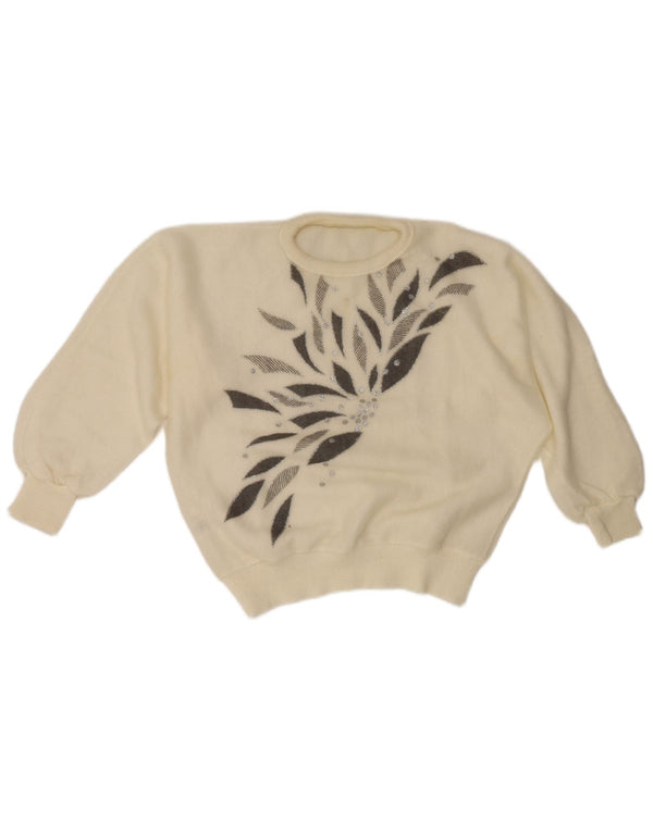 vintage Womens Crew Neck Jumper Sweater UK 10 Petit Blanc Géométrique Rétro