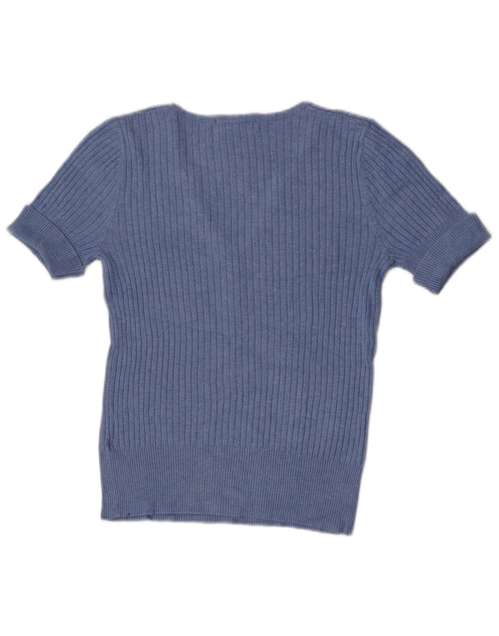 Marks & Spencer Pull à manches courtes et col en V pour femme Bleu moyen UK 12