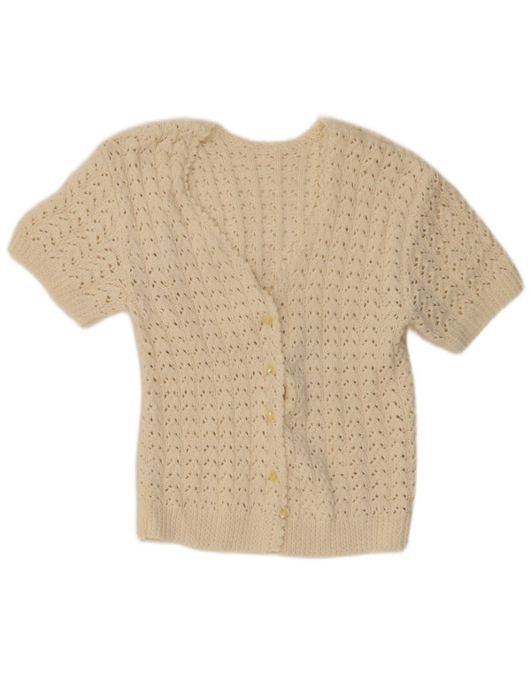 VINTAGE Femmes Manches Courtes Crochet Cardigan Pull UK 10 Petit Beige