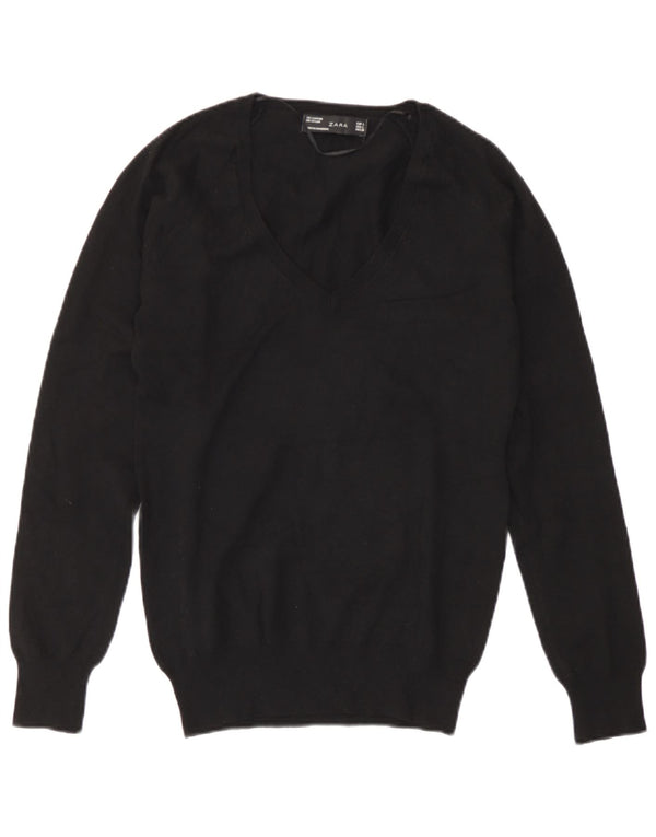 Zara Womens V-Neck Jumper Sweater UK 16 Large Black Cotton