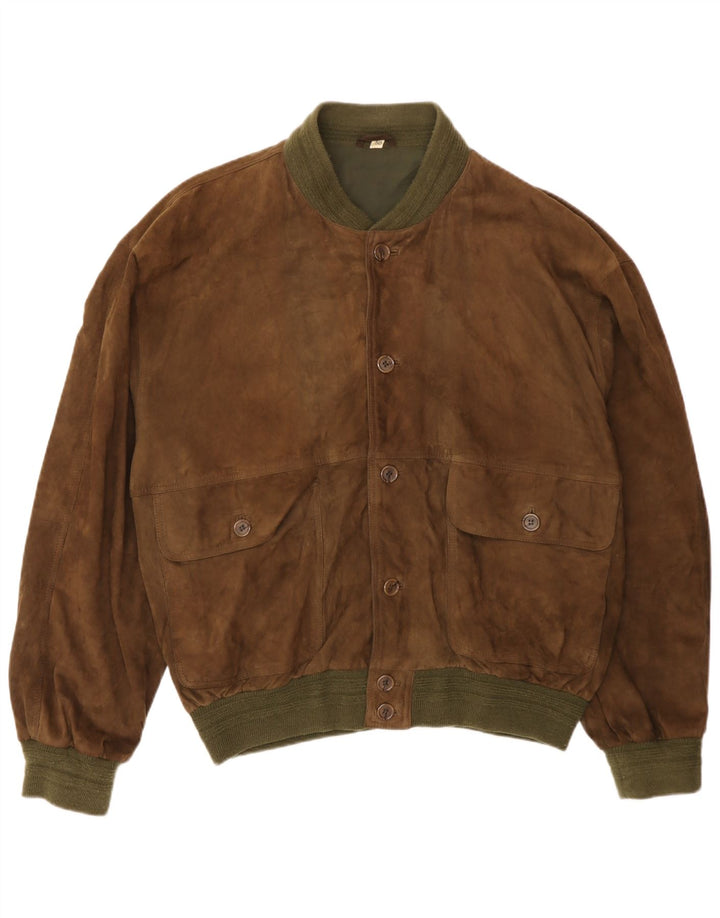 vintage Mens Suede Bomber Jacket IT 50 Grand Cuir Marron