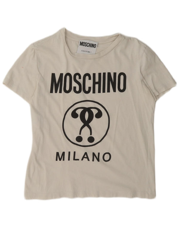 Moschino Femme Milano Graphic T-Shirt Top UK 14 Coton Blanc Moyen